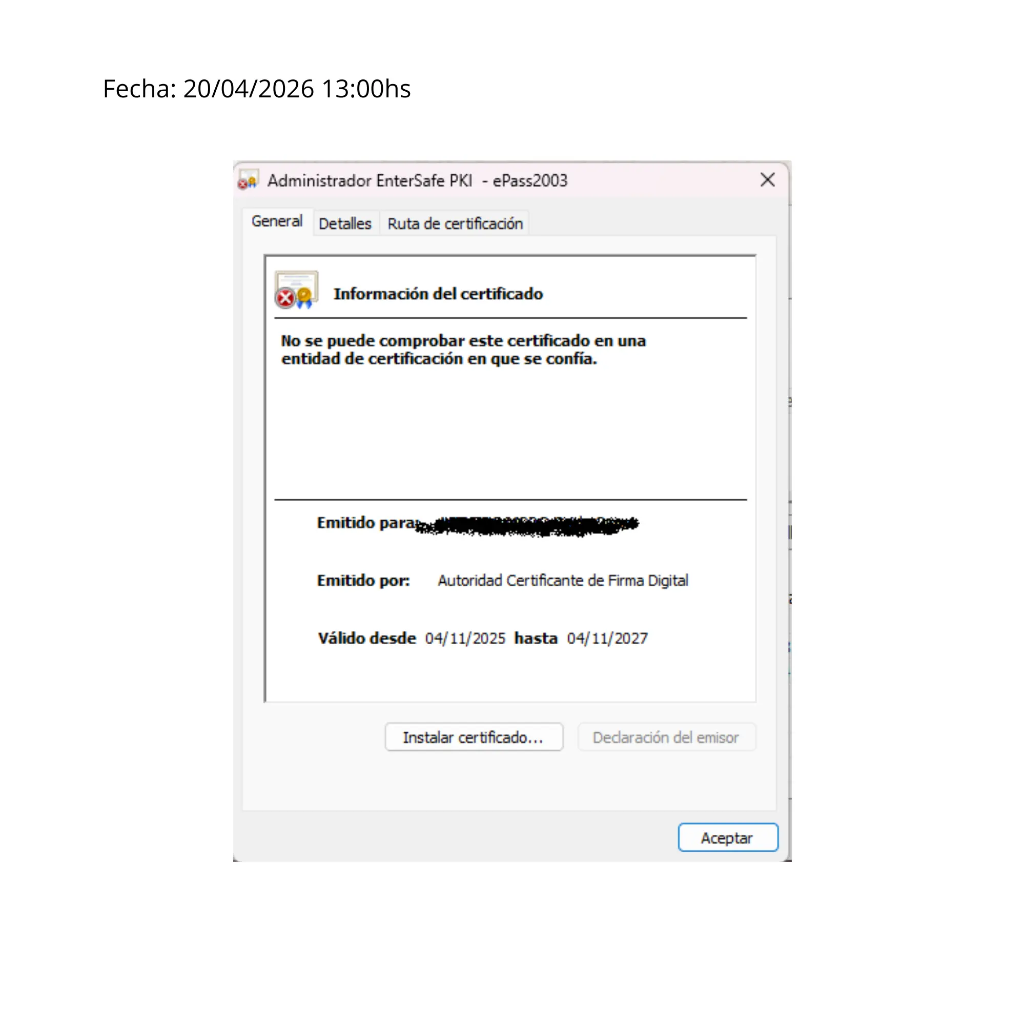 Captura del certificado en EnterSafe PKI