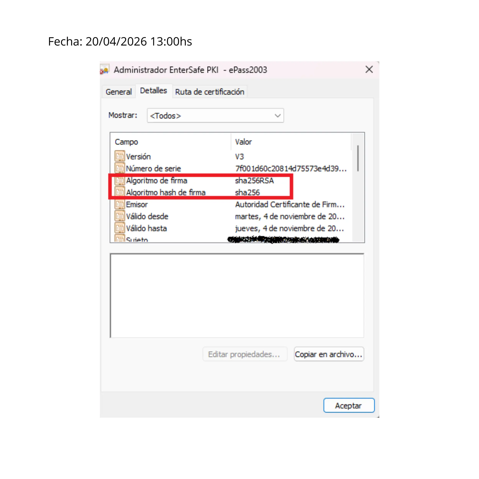 Detalle del algoritmo sha256RSA en EnterSafe PKI