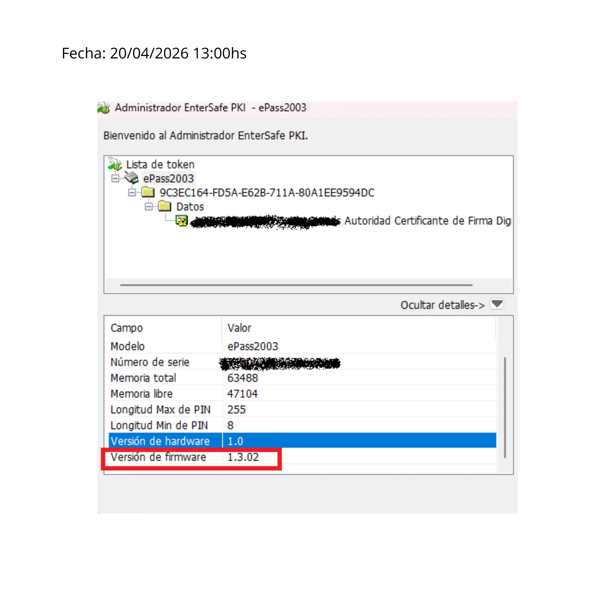 Versión de firmware 1.3.02 en el panel de EnterSafe PKI